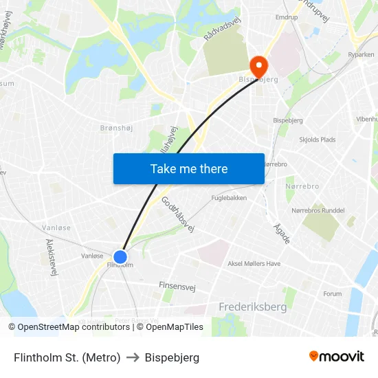 Flintholm St. (Metro) to Bispebjerg map