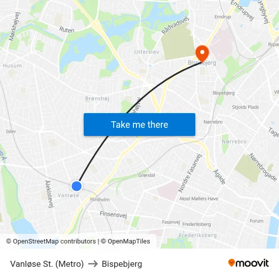 Vanløse St. (Metro) to Bispebjerg map