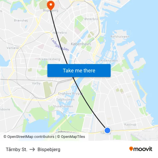 Tårnby St. to Bispebjerg map