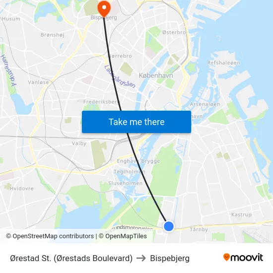 Ørestad St. (Ørestads Boulevard) to Bispebjerg map