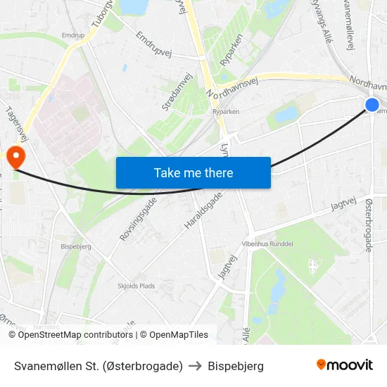 Svanemøllen St. (Østerbrogade) to Bispebjerg map