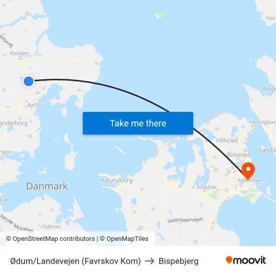 Ødum/Landevejen (Favrskov Kom) to Bispebjerg map