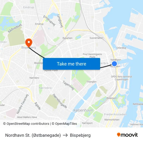 Nordhavn St. (Østbanegade) to Bispebjerg map