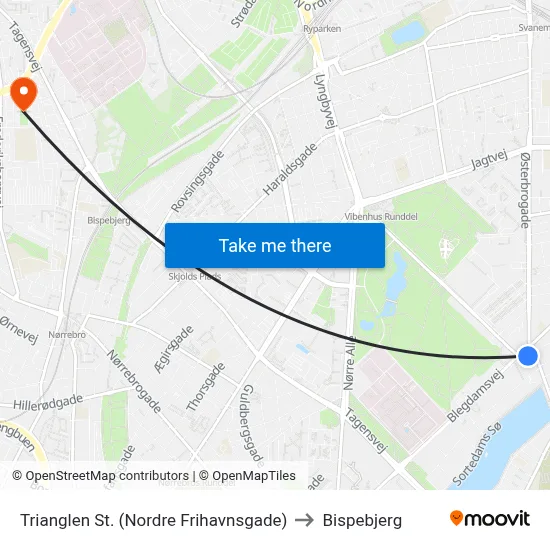 Trianglen St. (Nordre Frihavnsgade) to Bispebjerg map