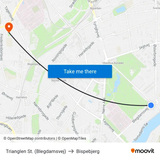 Trianglen St. (Blegdamsvej) to Bispebjerg map