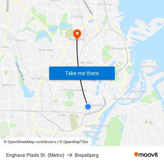 Enghave Plads St. (Metro) to Bispebjerg map