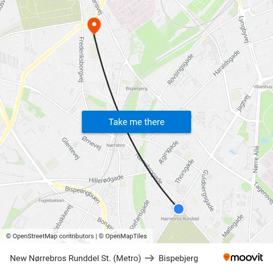 New Nørrebros Runddel St. (Metro) to Bispebjerg map