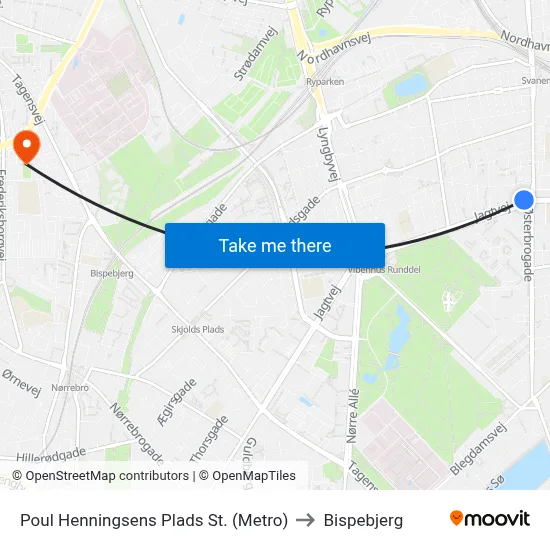 Poul Henningsens Plads St. (Metro) to Bispebjerg map