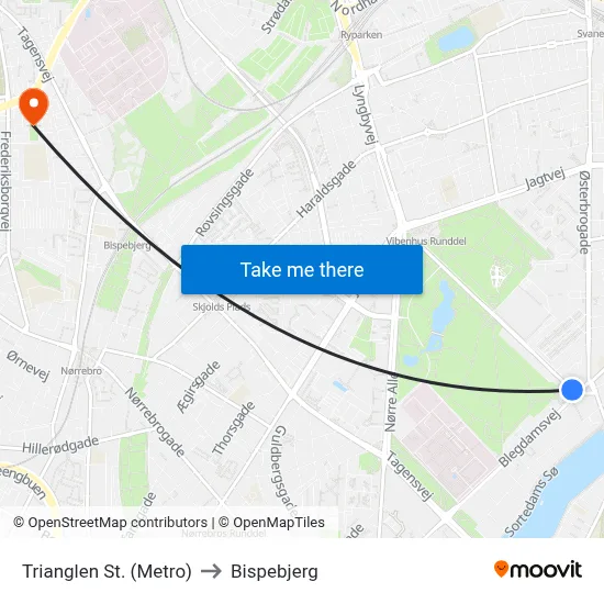 Trianglen St. (Metro) to Bispebjerg map