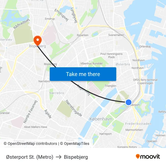 Østerport St. (Metro) to Bispebjerg map