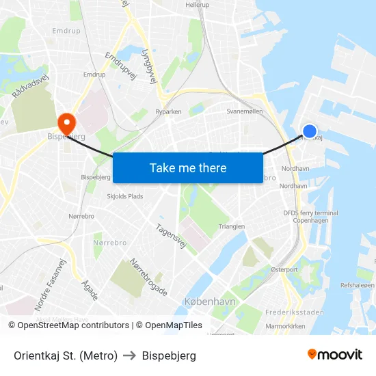 Orientkaj St. (Metro) to Bispebjerg map