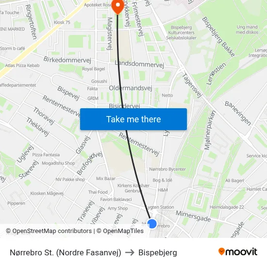 Nørrebro St. (Nordre Fasanvej) to Bispebjerg map