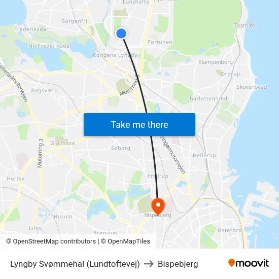 Lyngby Svømmehal (Lundtoftevej) to Bispebjerg map