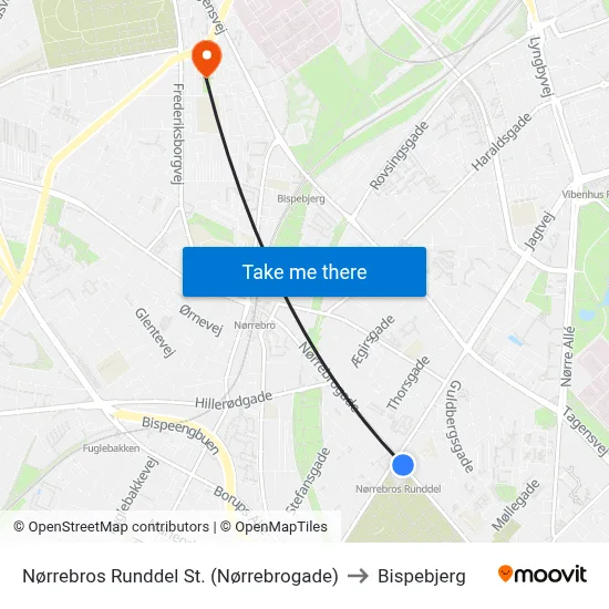 Nørrebros Runddel St. (Nørrebrogade) to Bispebjerg map