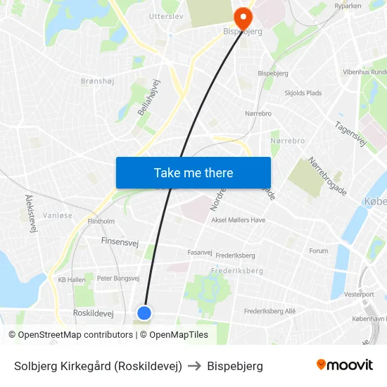 Solbjerg Kirkegård (Roskildevej) to Bispebjerg map