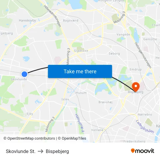 Skovlunde St. to Bispebjerg map