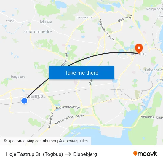 Høje Tåstrup St. (Togbus) to Bispebjerg map