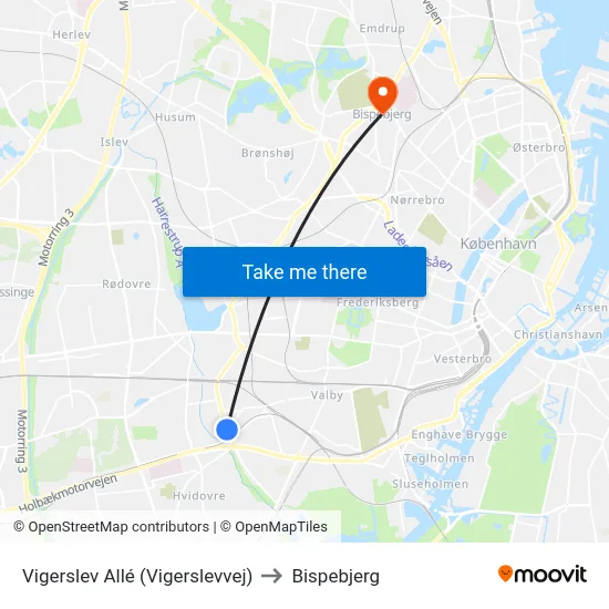 Vigerslev Allé (Vigerslevvej) to Bispebjerg map