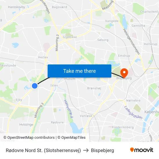 Rødovre Nord St. (Slotsherrensvej) to Bispebjerg map