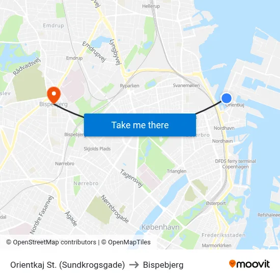 Orientkaj St. (Sundkrogsgade) to Bispebjerg map