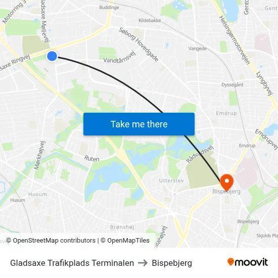 Gladsaxe Trafikplads Terminalen to Bispebjerg map