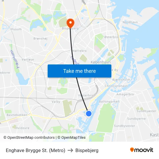 Enghave Brygge St. (Metro) to Bispebjerg map