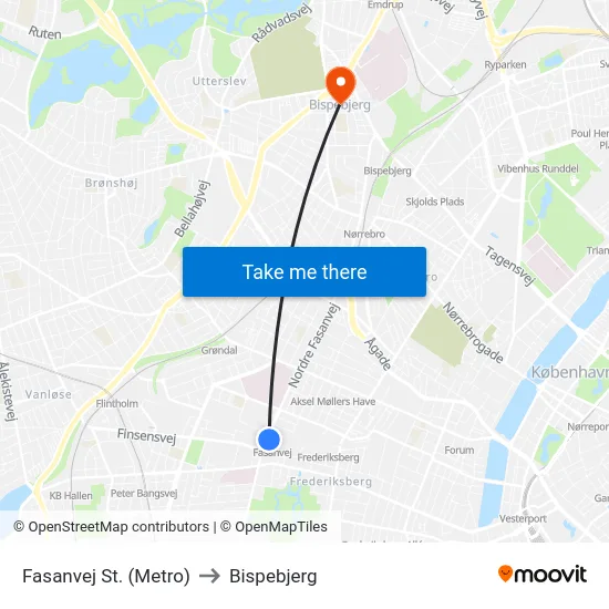 Fasanvej St. (Metro) to Bispebjerg map