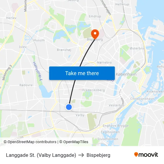 Langgade St. (Valby Langgade) to Bispebjerg map