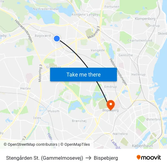 Stengården St. (Gammelmosevej) to Bispebjerg map