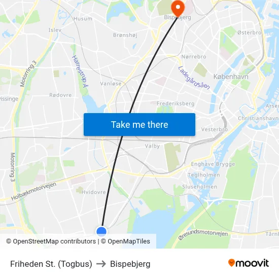 Friheden St. (Togbus) to Bispebjerg map