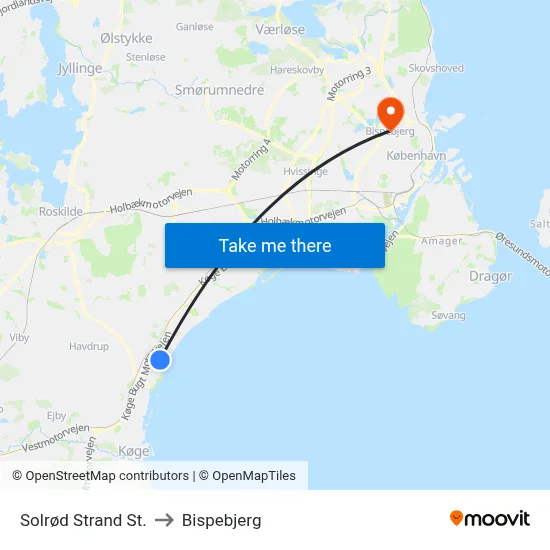 Solrød Strand St. to Bispebjerg map