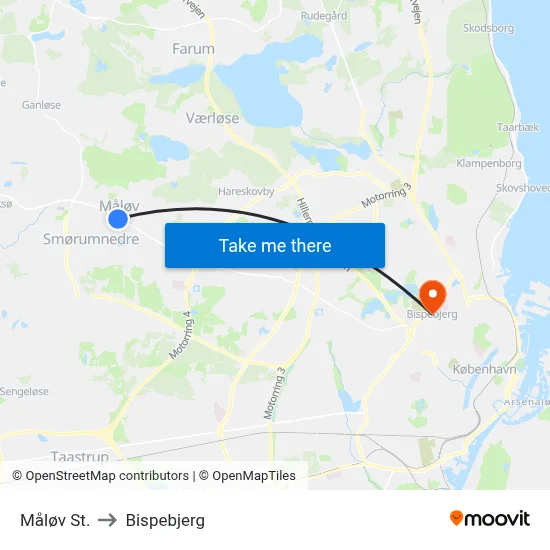 Måløv St. to Bispebjerg map
