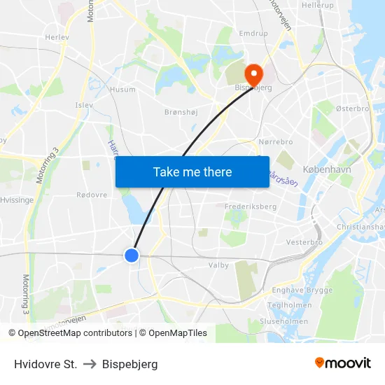 Hvidovre St. to Bispebjerg map