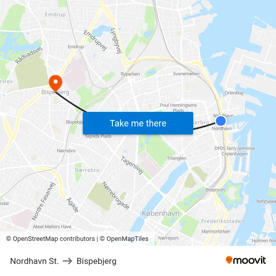 Nordhavn St. to Bispebjerg map