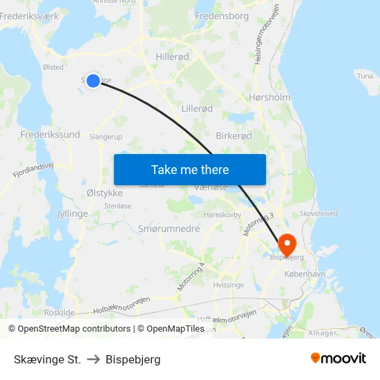 Skævinge St. to Bispebjerg map