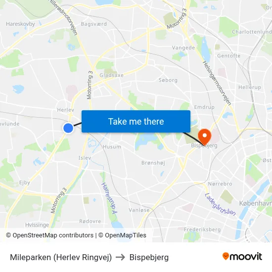 Mileparken (Herlev Ringvej) to Bispebjerg map
