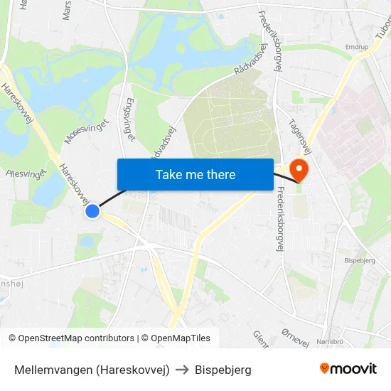 Mellemvangen (Hareskovvej) to Bispebjerg map