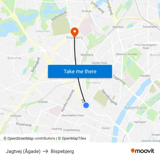 Jagtvej (Ågade) to Bispebjerg map