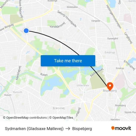 Sydmarken (Gladsaxe Møllevej) to Bispebjerg map