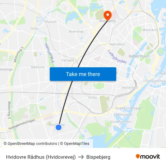 Hvidovre Rådhus (Hvidovrevej) to Bispebjerg map