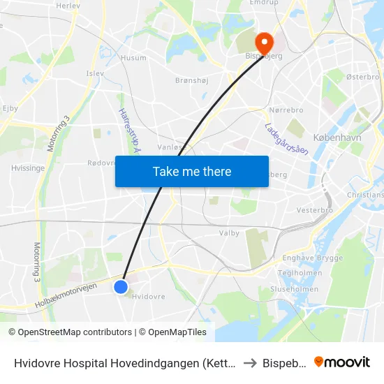 Hvidovre Hospital Hovedindgangen (Kettegård Allé) to Bispebjerg map