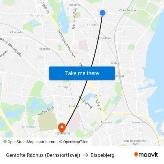 Gentofte Rådhus (Bernstorffsvej) to Bispebjerg map