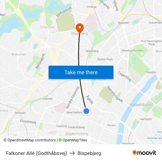 Falkoner Allé (Godthåbsvej) to Bispebjerg map