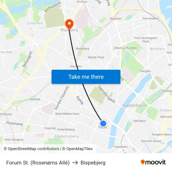 Forum St. (Rosenørns Allé) to Bispebjerg map