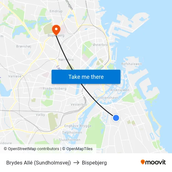 Brydes Allé (Sundholmsvej) to Bispebjerg map