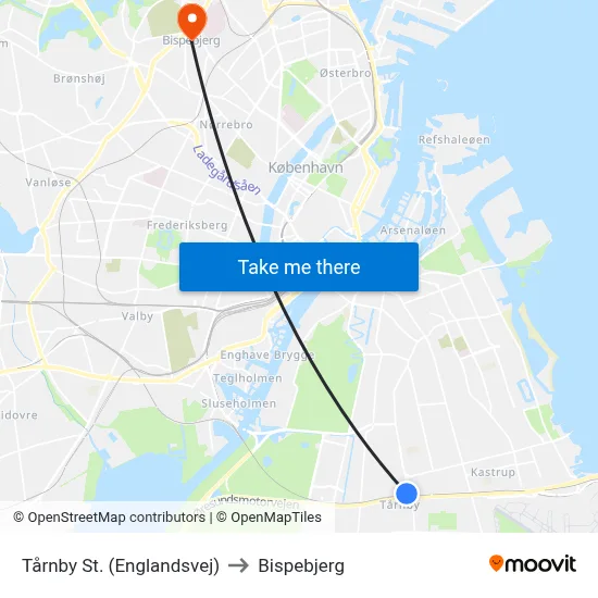 Tårnby St. (Englandsvej) to Bispebjerg map