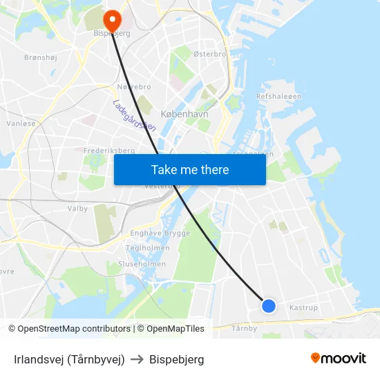 Irlandsvej (Tårnbyvej) to Bispebjerg map