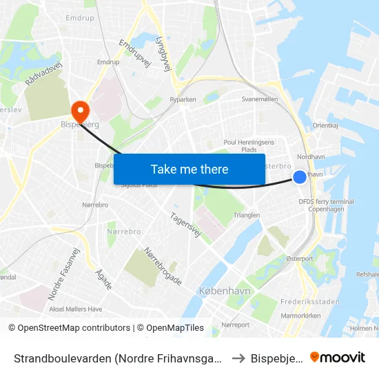 Strandboulevarden (Nordre Frihavnsgade) to Bispebjerg map