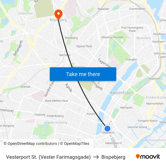Vesterport St. (Vester Farimagsgade) to Bispebjerg map