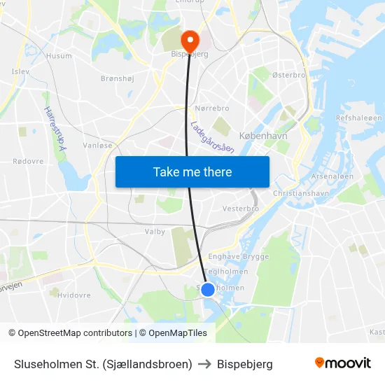 Sluseholmen St. (Sjællandsbroen) to Bispebjerg map